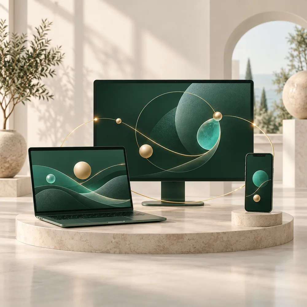 Display, laptop and phone connected by gold lines in a modern workspace
