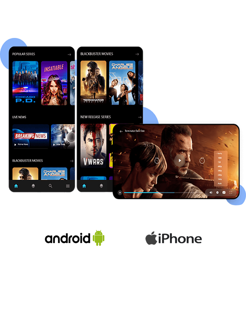 Mobile applications device illustration showing a sample streaming interface