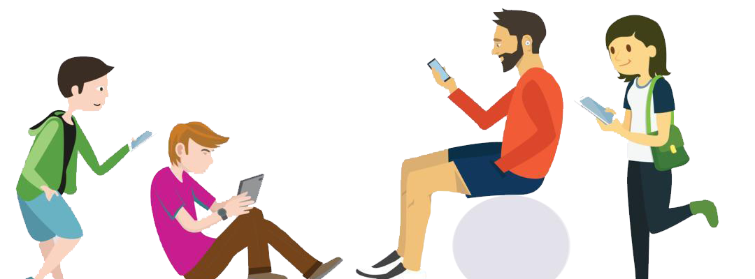 Illustration of four people connecting through phones and tablets
